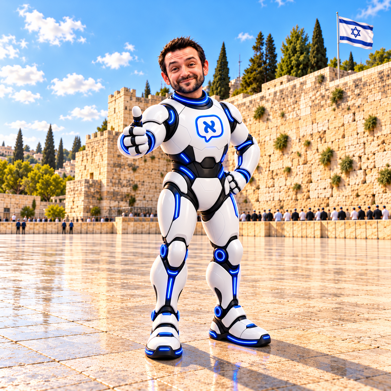 Tutor de Hebreo Ya de cuerpo completo en la plaza, con el Kotel detrás y una bandera de Israel ondeando sobre el Muro